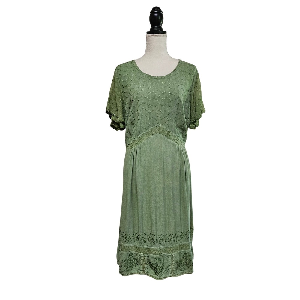 Coldwater Creek Green Corset Tie Embroidered Dress Size 2X Cottagecore Earthy